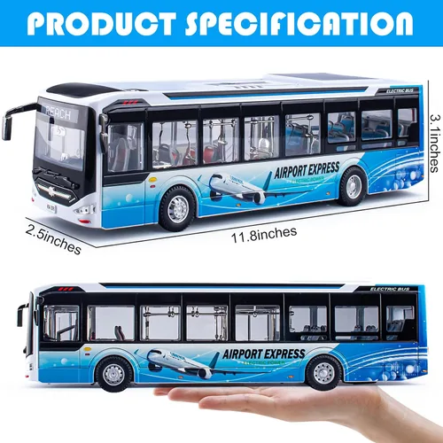 Vista 4 de Juguetes de autobús de fundición a presión 1/42, vehículos de juguete de autobús urbano de metal con luces y puertas que se abren para niños