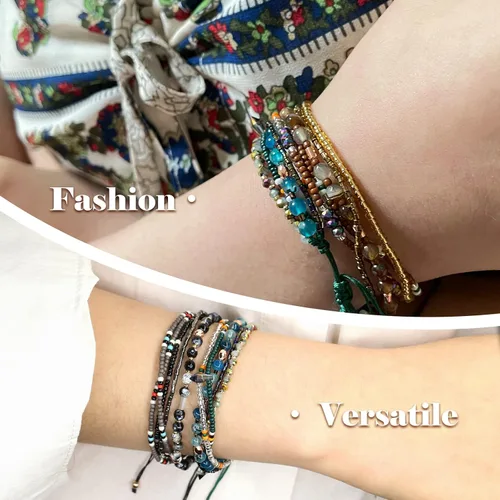 Vista 5 de YOUQIANREN Tobilleras bohemias para mujer, tobilleras bohemias ajustables para niñas, hechas a mano, 2 pulseras de playa trenzadas