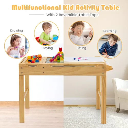 Vista 4 de HONEY JOY Mesa para niños, mesa de actividades de madera 2 en 1 con rollo de papel, mesa de bloques de construcción convertible, 3 compartimentos