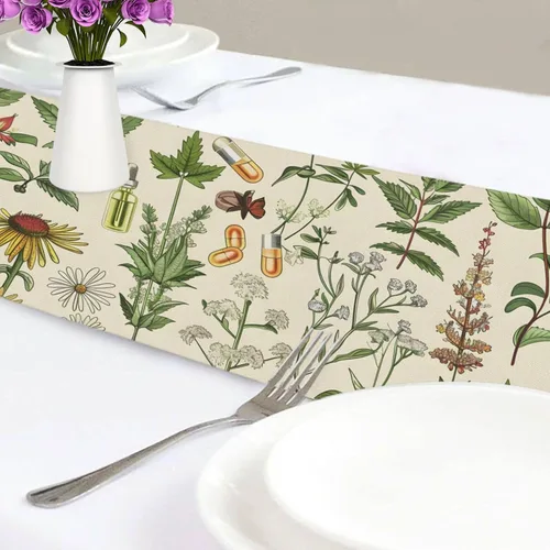 Vista 4 de Camino de mesa de plantas a base de hierbas, mantel de cocina, mesa de comedor, lino rústico, bufanda para interior y exterior, decoración