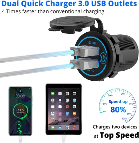 Vista 3 de Qidoe - Paquete de 5 salidas USB de carga rápida 3.0 de 12 V, impermeable, QC3.0, doble toma de corriente USB con interruptor táctil, enchufe