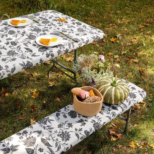 Vista 3 de ARTABLE Fundas para mesa de pícnic, bordes elásticos, rectangulares ajustadas, mesas de 6 pies, impermeables, juego de 3 piezas para camping, viaje