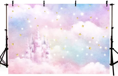 Vista 2 de MEHOFOND Acuarela de arco iris pastel para estudio fotográfico, decoración de fondo para cabina de estudio fotográfico, estrellas doradas, nube