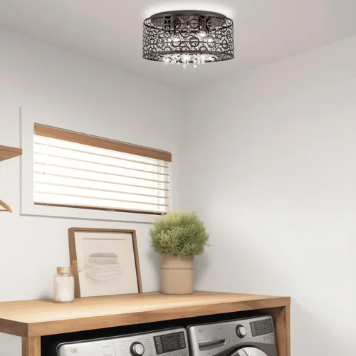 Vista 7 de Kira Home Brielle - Lámpara de techo moderna de 15 pulgadas, pantalla de metal geométrico glamorosa de 4 luces con cristales en cascada, acabado