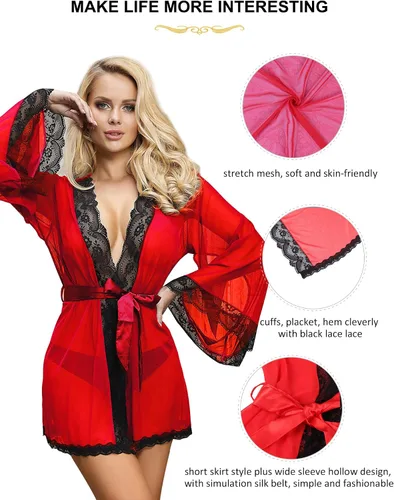Vista 5 de Lencería de talla grande para mujer, bata de encaje de manga larga, kimono, babydoll de malla, conjunto de camisón con cinturón