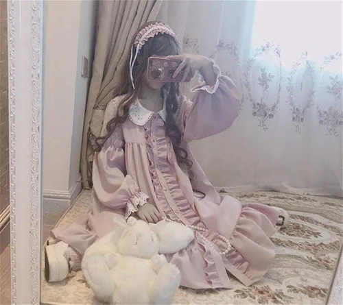 Vista 2 de Topin Lolita Vestido de princesa Kawaii de manga larga de gasa dulce con bolsa de conejo