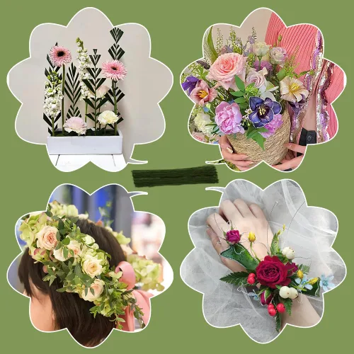 Vista 5 de Paleta Flexible Verde Calibre 18, 50 Piezas de Alambre para Tallo Floral Verde Oscuro, Tallos de Flores, Alambre Envuelto en Papel Floral