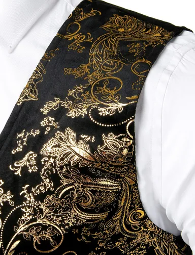 Vista 4 de ZEROYAA Chaleco de traje de cuello en V con estampado de cachemira metálico para hombre, chaleco de esmoquin