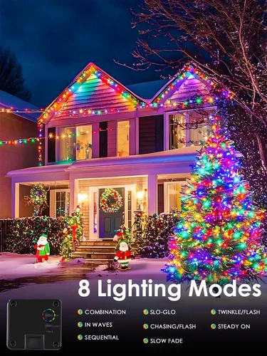 Vista 2 de Paquete de 4 luces solares de Navidad multicolor para exteriores, impermeables, 400 LED de 132 pies, cable verde con 8 modos, luces solares de hadas