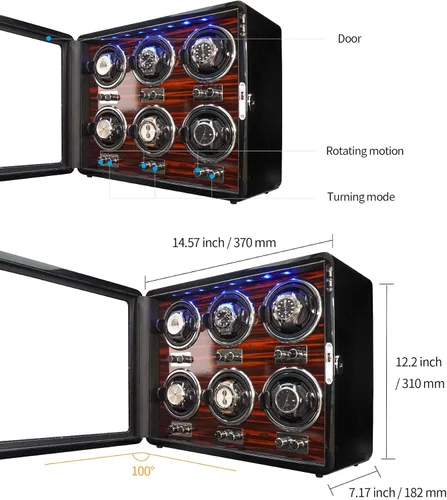 Vista 6 de Oryx - 6 bobinadoras de reloj para relojes automáticos, caja de reloj giratoria de madera, 15 modos de rotación, vitrina con luz LED, motor Mabuchi