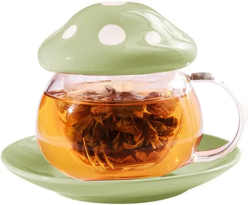Vista 10 de Taza de té de cristal con forma de hongo Juego de platillo de té taza de café con taza de filtro