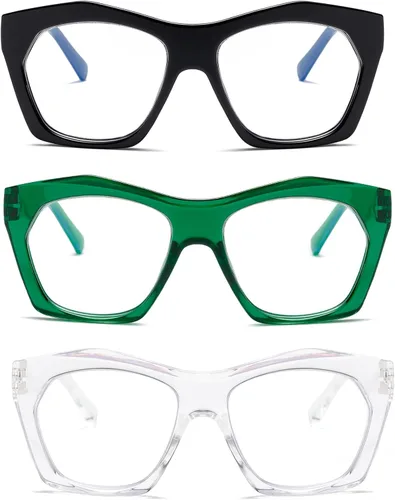 Vista 8 de Viseng Paquete de 3 anteojos de lectura para mujer, diseño de marco, de gran tamaño, bloqueo de luz azul, lector de computadora +0.0 B/3 pares