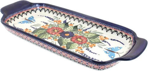 Vista 7 de Blue Rose Polish Pottery - Bandeja de pan de tulipanes azules con asas, 13.25 pulgadas de largo, hermosa bandeja de pan para cenas, muy duradera