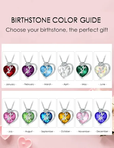 Vista 6 de SILVERKITY 925 Sterling Silver Rose Flower Heart Birthstones Necklace for Women with Austria Crystal, Pendants Gifts, Anniversary Birthday Jewelry