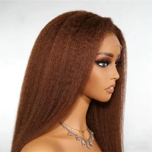Vista 5 de Pelucas de cabello humano lacio tipo afro marrón con encaje frontal de 13 x 4, pelucas de cabello humano prearrancado con nudos invisibles, castaño