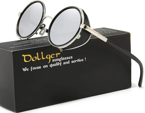 Vista 6 de Dollger Steampunk - Gafas de sol redondas retro vintage con marco circular de metal Negro