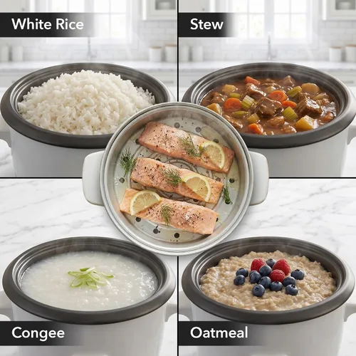 Vista 4 de OVENTE - Olla arrocera eléctrica y vaporizador de alimentos – Capacidad de arroz de 5 tazas, olla extraíble antiadherente, función de mantener