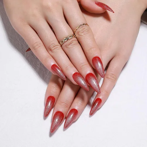 Vista 8 de Uñas postizas rojas de tamaño mediano en forma de almendra, uñas acrílicas brillantes con diseño de purpurina, uñas artificiales de cobertura a001