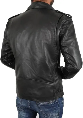 Vista 6 de SpazeUp Chaqueta de cuero negro para hombre - Asimétrico Brando Style Casual Chaqueta de cuero real para hombre