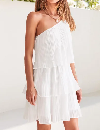 Vista 3 de ZESICA Vestido corto bohemio de verano para mujer, con un hombro, sin mangas, con volantes, escalonado, de gasa, plisado, acampanado, para mujer