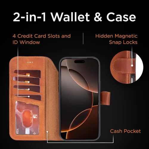 Vista 17 de Bayelon Funda tipo cartera para iPhone 15 Pro, cartera de cuero de grano completo, funda magnética desmontable, tarjetero, funda tipo cartera