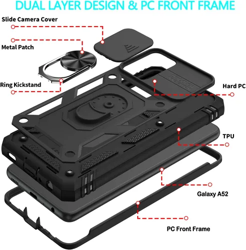 Vista 6 de Funda para Galaxy A52 4G, para Galaxy A52 5G con 3 protectores de pantalla de vidrio templado con soporte de anillo integrado + cubierta de cámara