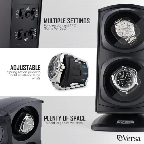 Vista 3 de Nueva actualización Versa, reloj de cuerda doble automática, negro