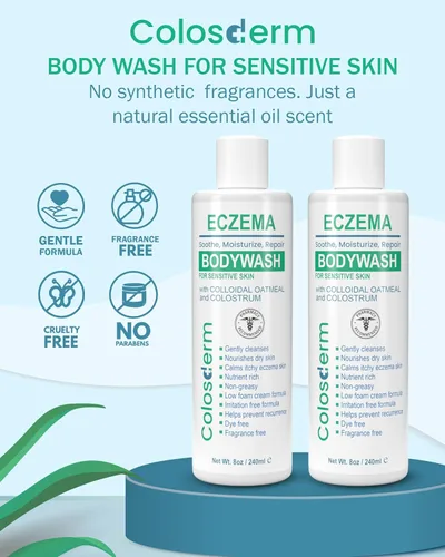 Vista 2 de Eczema Cream Gel de baño para piel sensible para mujeres y hombres, gel de baño hidratante con calostro y avena coloidal, limpiador suave para piel