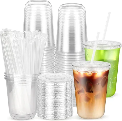 Vista 11 de Paquete de 25 vasos desechables de plástico transparente con tapas y pajitas, tazas de café helado de fondo redondo de 12 onzas, tazas de bebidas