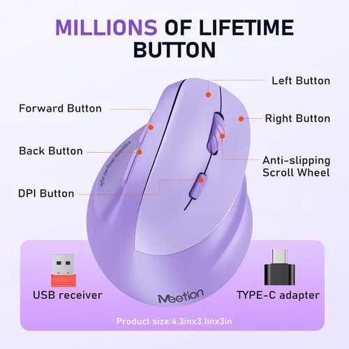 Vista 6 de MEETION Ratón ergonómico, mouse vertical inalámbrico con retroiluminación RGB, mouse recargable para Bluetooth (5.2 + 3.0) y USB-A con adaptador