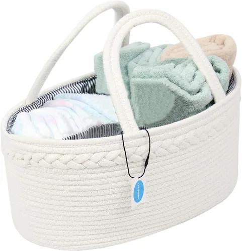 Vista 2 de Casaphoria Cesta tejida para artículos diversos, cesta de cuerda de algodón para almacenamiento, organizador con asa, color blanco crema