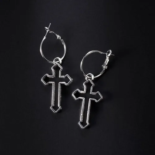 Vista 4 de Aretes colgantes de cruz - Aretes modernos y minimalistas de cruz, aleación de metal, Zinc, No es una piedra preciosa