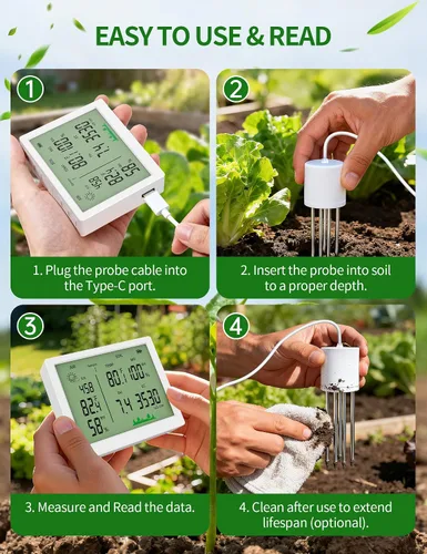 Vista 7 de 7 in 1 Soil Meter, Digital Soil Test Kit of PH/Sunlight/Fertility/Soil & Air Temp, Humidity Meter for Indoor & Outdoor Plant, Growing Environment