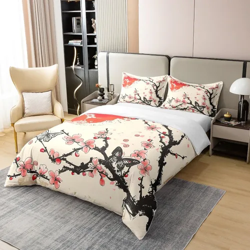 Vista 3 de jejeloiu Juego de funda de edredón de flores de cerezo 100% algodón, tamaño matrimonial, estilo japonés, juego de ropa de cama 100% algodón