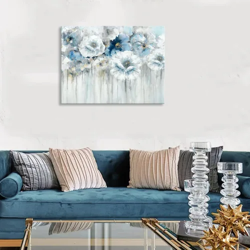 Vista 2 de Cuadro de flores para sala de estar, arte de pared floral azul y blanco sobre lienzo con detalles dorados para decoración de dormitorio gris, 32 x