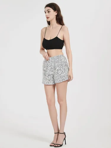 Vista 9 de Pantalones cortos de lentejuelas para mujer, talla grande, cintura alta elástica, brillante, para club, con purpurina, para fiestas, conciertos