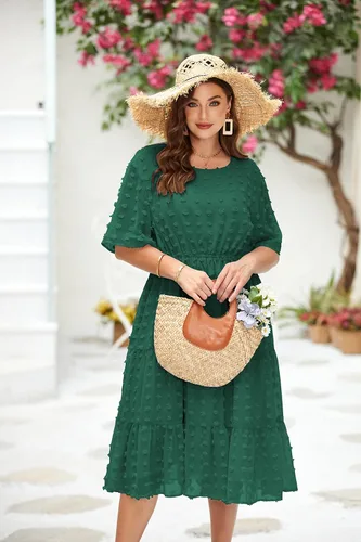 Vista 2 de IN'VOLAND Vestido de gasa con lunares suizos para mujer, talla grande, de gasa, de manga corta, cintura alta, acampanado, con volantes, vestido midi