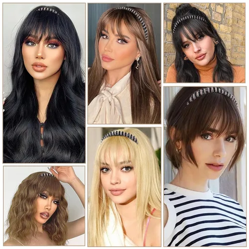 Vista 6 de Flequillo de cabello humano con clip, flequillo delgado con correa de diamantes de imitación, extensiones de cabello para mujer, flequillo plano