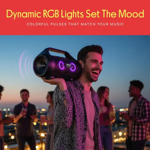 Vista 8 de Pyle Altavoz portátil Bluetooth Boombox – 40 W de potencia máxima, 2.0 canales recargable estilo barril altavoz con TWS, luces LED – entrada AUX