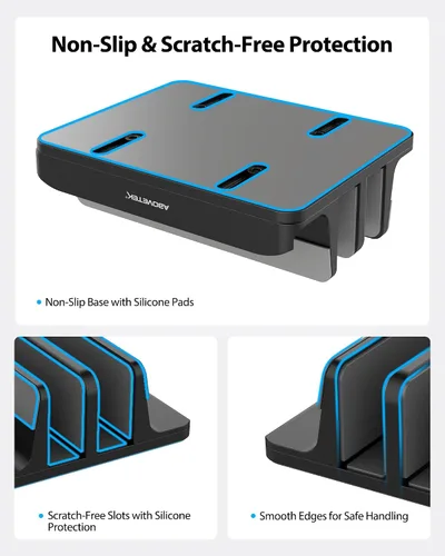 Vista 6 de Soporte vertical para portátil AboveTEK, soporte de escritorio de aluminio con 3 ranuras y base ajustable para tableta, MacBook, teléfono - Ajuste