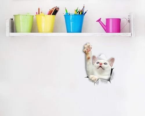 Vista 3 de Winston & Bear Calcomanías 3D de gato, paquete de 2 unidades, calcomanías blancas para pared, calcomanías para dormitorio, nevera, inodoro