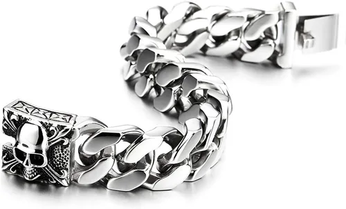Vista 4 de COOLSTEELANDBEYOND Pulsera de cadena de acero cepillado vintage grande para hombre con flor de lis y calavera