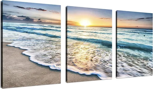 Vista 24 de TutuBeer 3 paneles de fotos de playa, arte de pared, diseño de mar azul, playa blanca al amanecer, imágenes impresas en lienzo, imágenes del océano