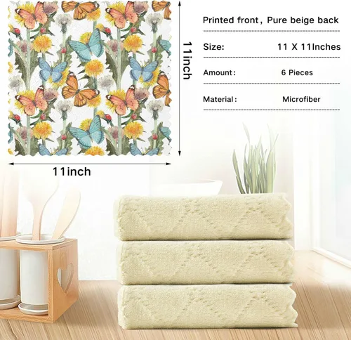 Vista 5 de CaTaKu Juego de 6 paños de limpieza reutilizables con diseño de mariposas y flores salvajes