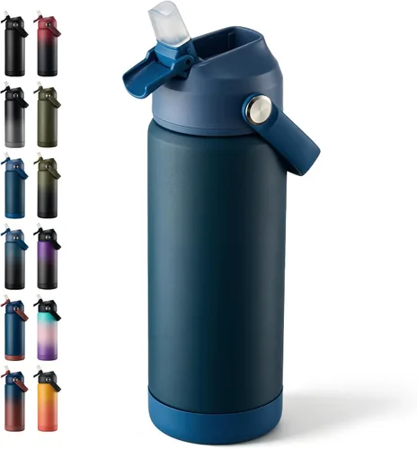 Vista 31 de Fijinhom Botella de agua aislada de 18 onzas con 2 tapas, botellas de agua de acero inoxidable, aspiradora de doble pared, mango portátil y parte