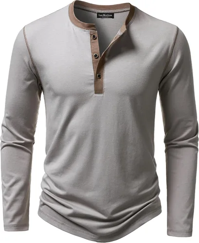 Vista 13 de LucMatton Camiseta de manga larga para hombre, ajuste entallado, elástica, estilo Henley, casual, con solapa de 3 botones