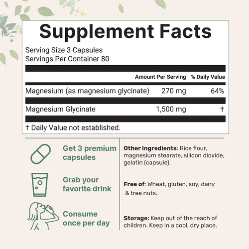Vista 2 de Glicinato de Magnesio de Triple Potencia 1,500mg Por Porción, 240 Cápsulas 500mg Por Cápsula Magnesio Quelado de Fácil Absorción +
