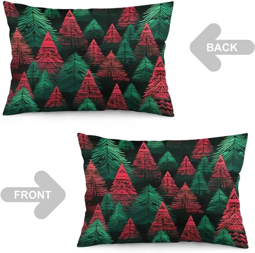 Vista 3 de Protector de almohada de árboles de pino de Navidad rojo y verde de 12 x 20 pulgadas, funda de cojín de vacaciones de invierno, funda de almohada