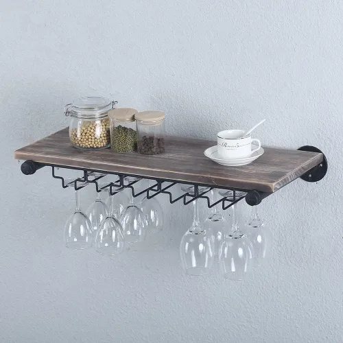 Vista 6 de Estante de vino industrial montado en la pared con soporte para 5 vidrios,Estante flotante para copas de vino,Estantería de tubo de 24 pulgadas