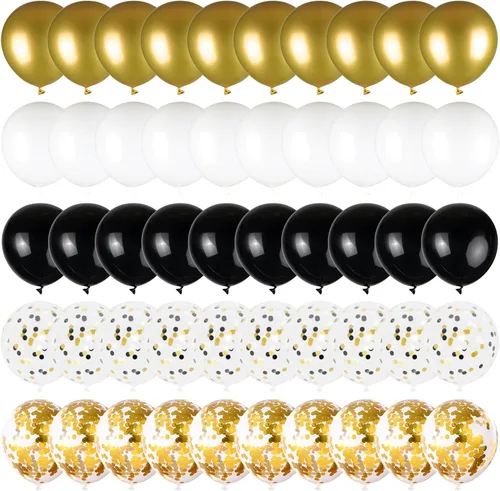 Vista 2 de 100 globos negros dorados y blancos con globos de confeti metálicos dorados y negros de 12 pulgadas para clase de graduación, decoración de fiesta